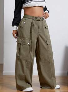 SHEIN ICON Quần Jeans Ống Rộng Túi Hộp Size Lớn Cho Nữ Thường Ngày Thoải Mái - xanh quân đội - Xem 6