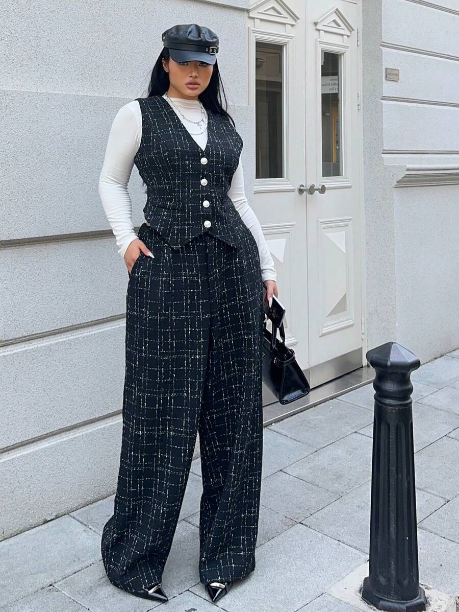 Calvaya 大码时尚背心和休闲裤套装，秋季 - 黑色 - 查看 1