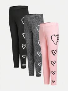 3 件套年轻女孩和年轻女孩心形印花紧身裤，适合日常休闲穿着 - 彩色 - 查看 2