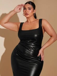 SHEIN BAE Váy suông không tay viền gợn sóng màu trơn thanh lịch cỡ lớn dành cho nữ, váy midi dáng chữ A cổ vuông dây mảnh thời trang dành cho tiệc tùng, trang phục thường ngày & hẹn hò, mùa thu/đông - màu đen - Xem 5