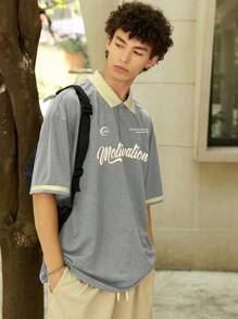 Aesthetic Post Áo thun polo cổ tròn in họa tiết chữ cho nam dáng rộng, mùa hè - Màu Xám nhạt - Xem 6