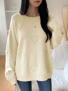 DAZY Heart Jacquard Knit Oversized Crew Neck Women Sweater