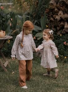 SHEIN Baby Girls Vintage Elegant  Ditsy Floral Casual Dress, Suitable For Daily Wear, Family Gathering, Holiday Celebration, Photography And Other Occasions. Can Be Worn Alone Or Paired With A Jacket Or Leggings For Different Weather And Occasions - Multicolor - View 8