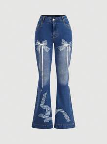SHEIN MOD Women's Bow Print Pocket Decor Casual Flared Leg Jeans - Blue - View 1