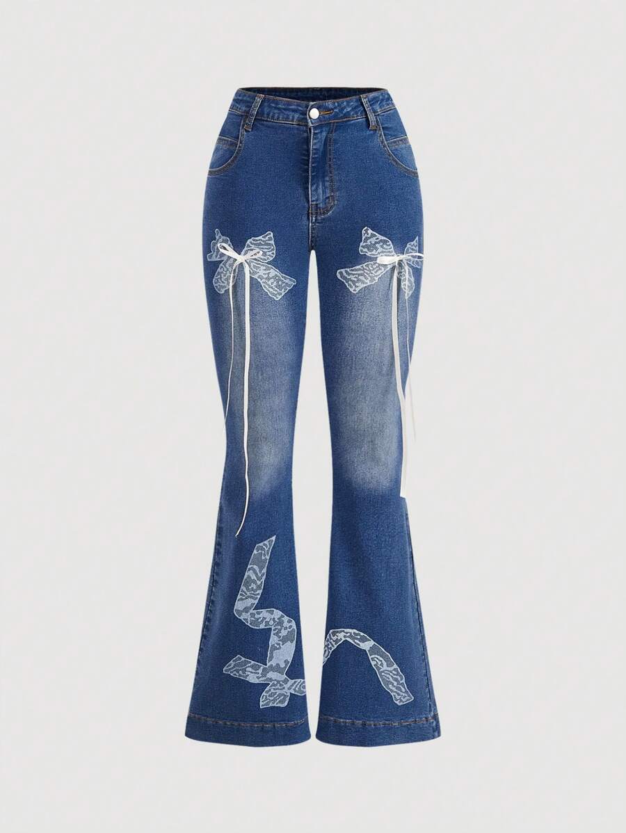 SHEIN MOD Women's Bow Print Pocket Decor Casual Flared Leg Jeans - Blue - View 1