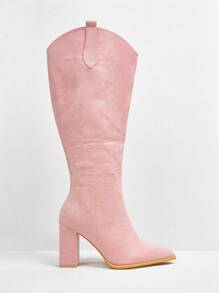 Styleloop 时尚秋冬女士高跟过膝靴，性感派对细跟长靴，波西米亚风格，复古美式，波西米亚风，西部音乐节，派对，圣诞节，万圣节 - 粉色 - 查看 2