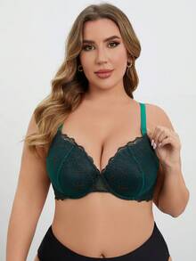 SHEIN Áo ngực nâng ngực thêu họa tiết cỡ lớn - Màu xanh lá cây đậm - Xem 6