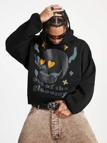 Manfinity NXTstreet Sudadera con capucha casual con estampado de calavera y letras para hombres, sudadera con capucha negra de manga larga con gráficos, para regalos a amigos, esposo, novio, para otoño e invierno - Negro - Ver 5
