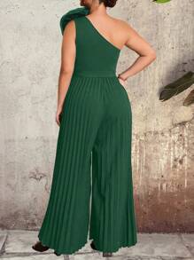 Celure 大码女式优雅纯色褶皱花卉装饰不对称肩带环连体裤，时尚设计