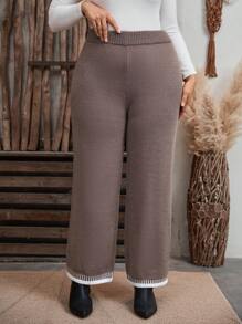 SHEIN LUNE Quần ống rộng lưng thun dệt kim màu khối cỡ lớn cho nữ, quần ống đứng thiết kế đơn giản cho mùa thu/đông - Nhiều màu - Xem 3