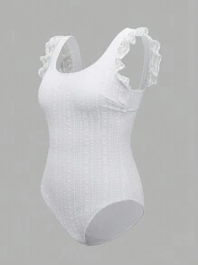 SHEIN Swim Women's Summer V-Neck Lace Trim Solid Color Beach One-Piece Swimsuit With Tummy Concealing - White - View 4