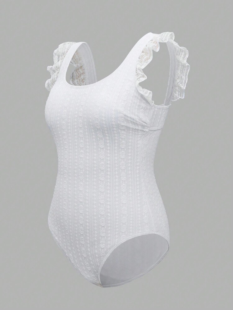 SHEIN Swim 女士夏季 V 领蕾丝边纯色海滩连体泳衣，带腹部遮瑕功能 - 白色 - 查看 4