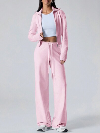 LYSMO Áo khoác cardigan dài tay màu trơn có khóa kéo phía trước và quần dài dệt kim 2 món cho bộ đồ thường ngày, mùa thu/đông