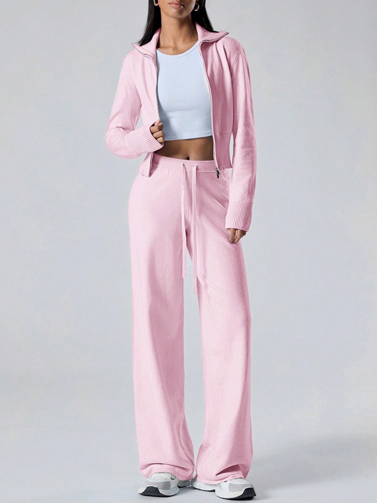LYSMO 女士纯色长袖前拉链开衫和针织长裤两件套休闲套装，秋冬 - 粉色 - 查看 3