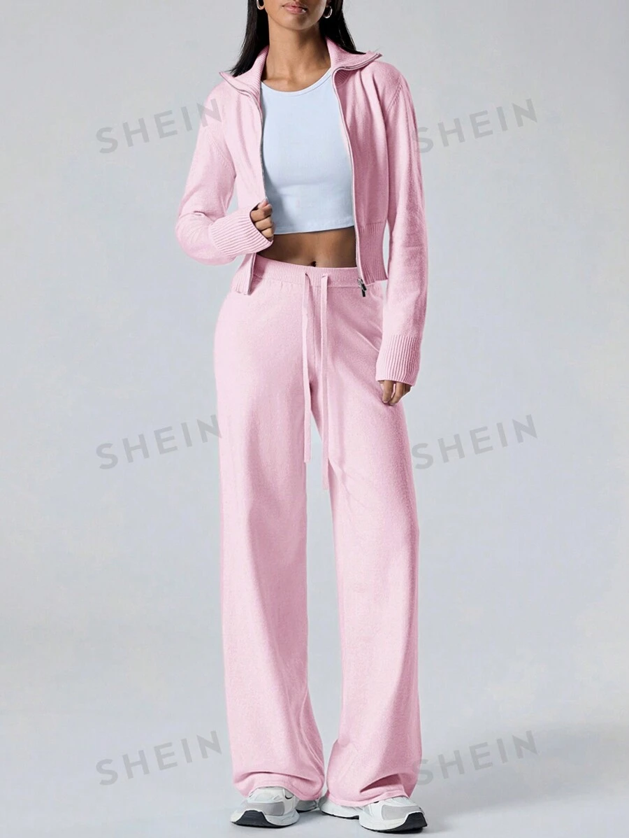 LYSMO Conjunto casual de 2 piezas de mujer compuesto por un cárdigan de manga larga con cremallera de unicolor y pantalones largos de punto, para otoño/invierno