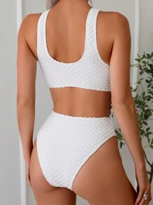 白色泡泡纹理金属装饰性感连体泳衣成人女士，夏季沙滩装 - 白色 - 查看 3