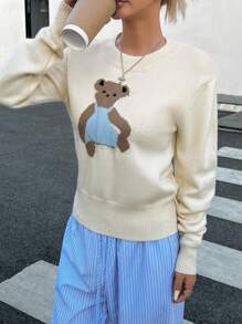 INAWLY Áo len dệt kim cổ tròn thả vai họa tiết gấu hoạt hình thường ngày cho nữ, mùa thu/đông - Màu be - Xem 5