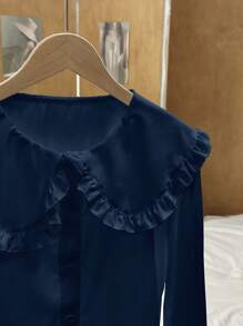 SHEIN LUNE Áo sơ mi nữ cổ Peter Pan dễ thương màu trắng phong cách Hàn Quốc Nhật Bản, phù hợp làm lớp trong hoặc áo ngoài cho mùa thu/đông - Màu xanh hải quân - Xem 4