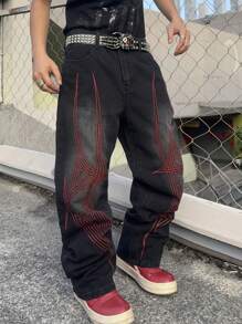 Manfinity EMRG 男士休闲街头潮流低腰刺绣图案宽松阔腿牛仔裤（不含腰带）图案深色牛仔裤长款宽松纯黑色洗水工装牛仔裤，适合丈夫、男朋友的礼物 - 黑色 - 查看 1