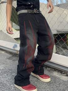 Manfinity EMRG 男士休闲街头潮流低腰刺绣图案宽松阔腿牛仔裤（不含腰带）图案深色牛仔裤长款宽松纯黑色洗水工装牛仔裤，适合丈夫、男朋友的礼物 - 黑色 - 查看 8