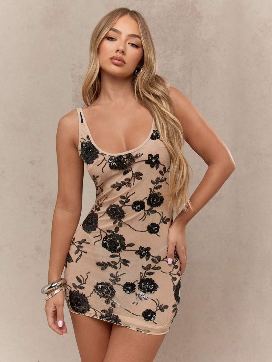 MISSGUIDED Floral Pattern Backless Big Scoop Neck Bodycon Short Tank Dress - Apricot - View 1