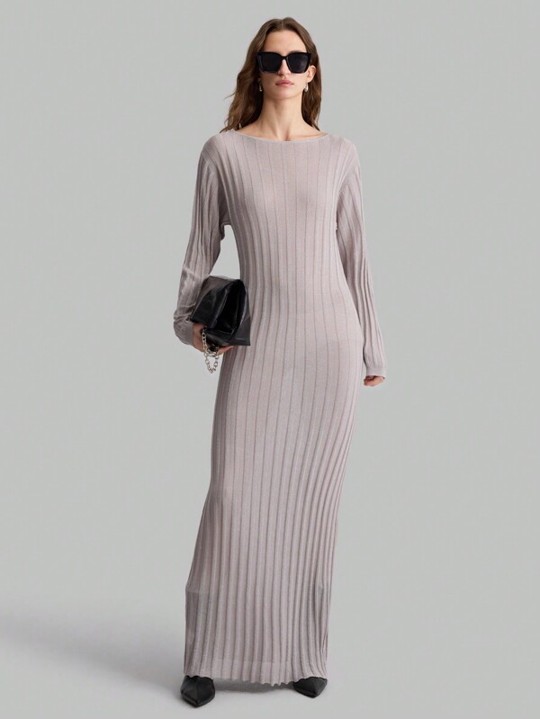 Ontre New Year & Metallic Thread Sheer Round Neck Ribbed Dress, Women Business Casual Sweater Dress, Long Sleeve, Silver, Autumn
