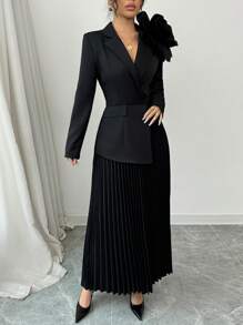 Rafferiza 1 件女式优雅黑色长袖翻领花卉装饰不对称口袋盖设计褶皱下摆连衣裙长款女装 - 黑色 - 查看 6