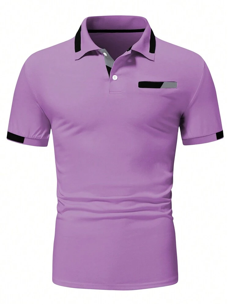 Manfinity Homme Camisa Polo Casual Masculina com Recorte Colorido de Manga Curta, Polo Roxo para Homens, Camisa Roxa para Homens, Camisa Roxa Masculina - Púrpura - Visão 3