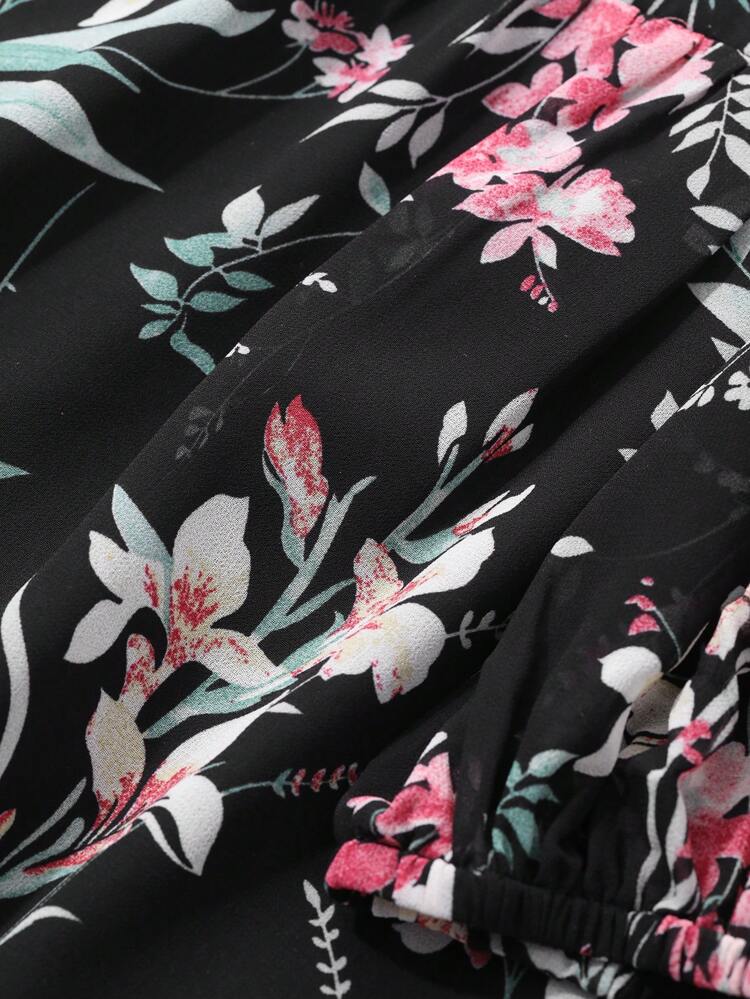 Women's Holiday Floral Print V-Neck Lantern Sleeve Cinched Waist Midi Dress, Spring/Fall Long Sleeve Dress Boho