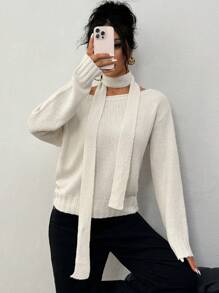 Chiquease 1 chiếc áo len ngắn dệt kim màu trơn thanh lịch dành cho nữ, kèm khăn quàng cổ, áo len chui đầu mùa thu/đông. - Màu be - Xem 3