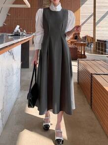 DAZY Đầm dài vừa phải không tay cổ tròn màu trơn cho nữ - Màu xám đen - Xem 3