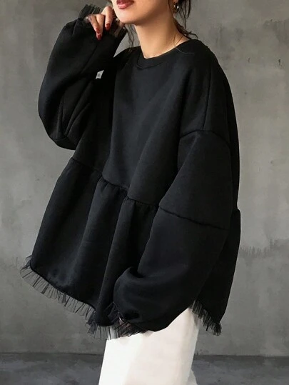 FRIFUL Women Solid Round Neck Dropped Shoulder Long Sleeve Loose Sweatshirt With Mesh Panel & Ruffle Hem, For Autumn/Winter