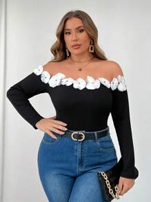 Celure Plus Size Vrouwen Elegant Colorblock Off-Shoulder Ruffle Trim Slim Rib Knit T-shirt