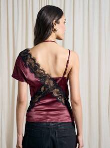 AiiRZ 蕾丝拼接不对称缎面上衣 - 酒紅色 - 查看 2