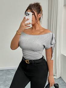INAWLY Plus Size Women Off Shoulder Tie Ruched Fitted Top, Summer