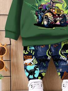 SHEIN 男婴休闲简约宽松舒适酷炫时尚恐龙印花柔软针织连帽衫和裤子套装，适合秋冬季 - 彩色 - 查看 5