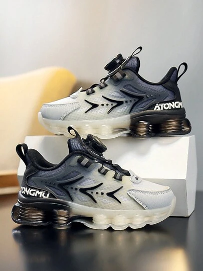 儿童秋季男童校园旋转扣轻便运动鞋，柔软舒适，抗冲击鞋头，防滑鞋底，适合日常休闲穿着、学校和学生彩色运动鞋