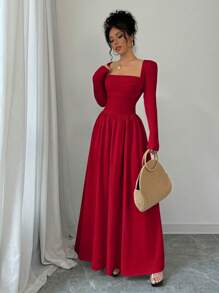 Selianne 女士方领长袖收腰 A 字下摆连衣裙新年衣服长款女装 - 紅色 - 查看 4