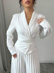 Lyxana Women Solid Color Elegant Cross Twist Top + Pleated Long Pants Set, Spring/Autumn Fall Cloth For Women - White - View 5