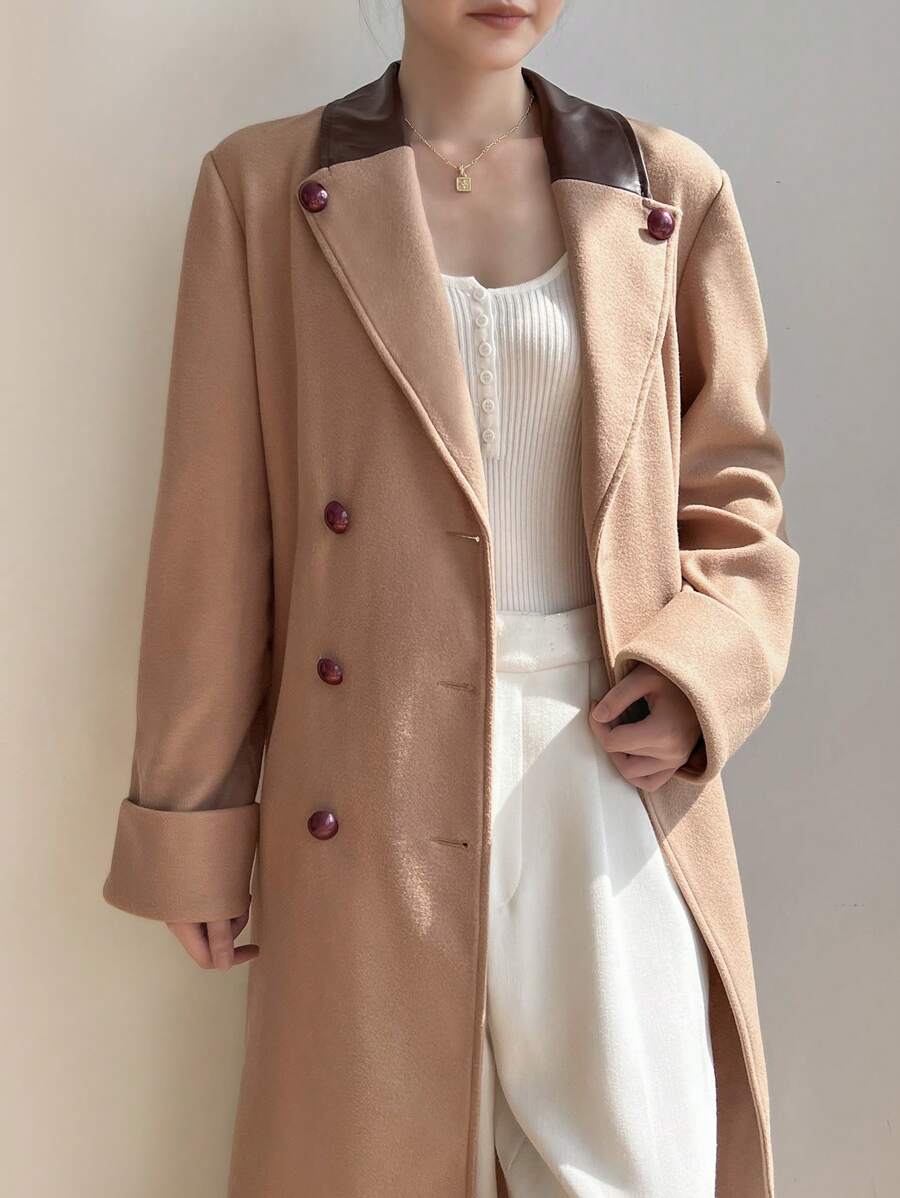 Modelyn Women Casual Contrast Color Lapel Double-Breasted Overcoat, Autumn/Winter