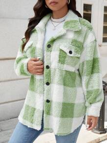 SHEIN LUNE Áo khoác nữ cỡ lớn tay dài kẻ caro có túi, dáng rộng, bồng bềnh, màu xanh lá cây, thích hợp cho mùa thu/đông, giữ ấm mùa lễ hội. - màu xanh lá - Xem 4