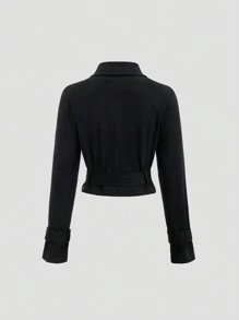 Sweetra Women's Trench Coat, Fall/Winter, European And American Ins Style, With Belt, Long Sleeve, Casual, Elegant, Slim Fit, Versatile, Black, New Design, Short, Windproof, Warm, Classic Faux Suede Material - Black - View 2