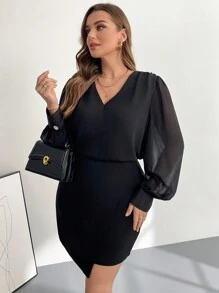 SHEIN Privé Conjunto elegante y cómodo de camisa de manga larga de escote en V semitransparente sexy negra y falda ceñida elegante y estilizada de talla grande para otoño e invierno, ropa de mujer para otoño, ropa de oficina, ropa de trabajo, conjunto casual de negocios, conjunto de falda, mujeres, fiesta de Navidad, conjuntos cómodos, atuendos elegantes - Negro - Ver 4