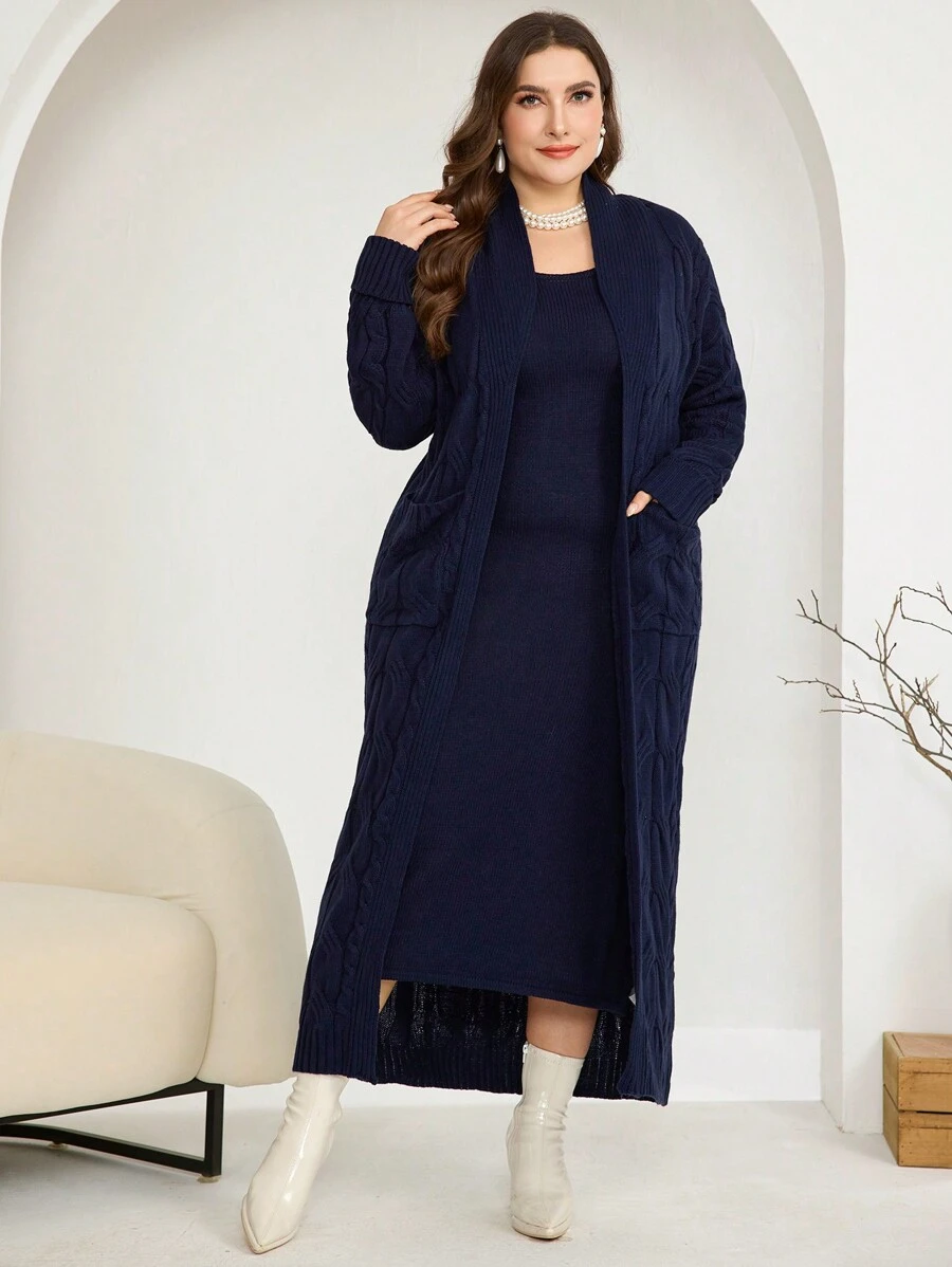 Modelyn Plus Size Solid Color Long Sleeve Cardigan & Sleeveless Dress Set, Minimalist Style, For Winter - Navy Blue - View 1