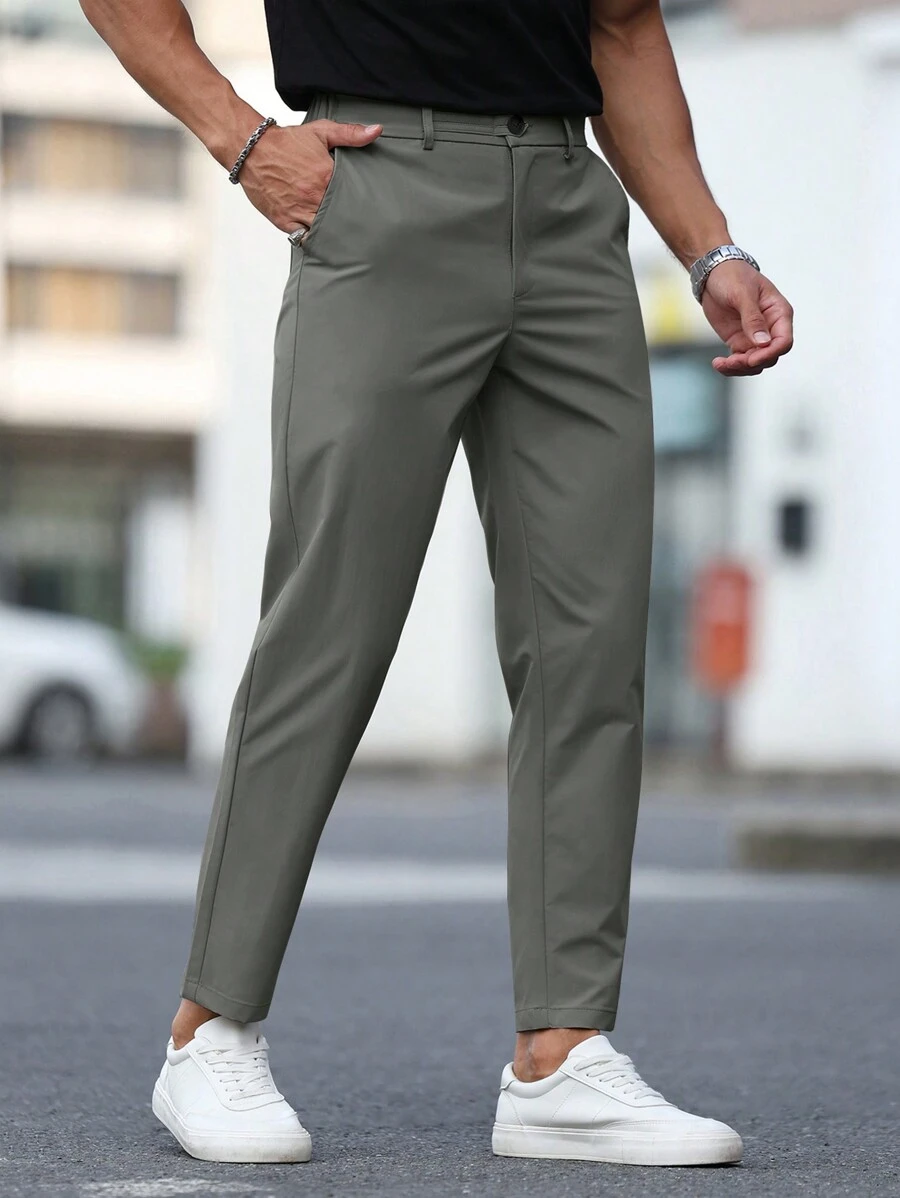 Calvornis Men's Solid Color Front Button Pocket Casual Pants - Grey - View 1