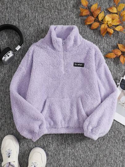 SHEIN Tween Girls Solid Color Fluffy Collar Half-Zip Loose Casual Long Sleeve Sweatshirt,In Fall/Winter