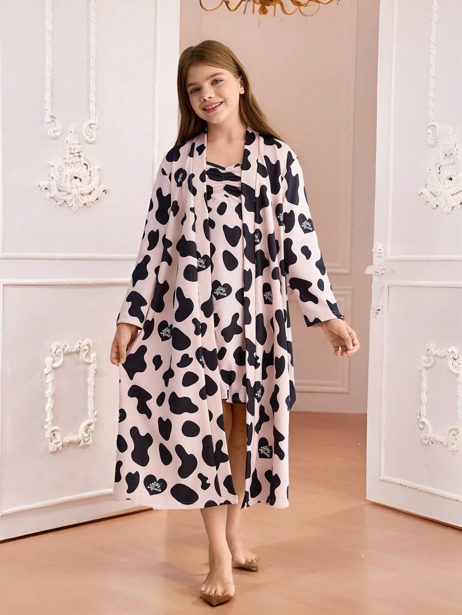 2pcs/Set Girls Cow Print Pattern Tank Top And Long Sleeve Robe Loungewear Set - Multicolor - View 1
