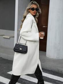 SHEIN Clasi Women Casual Solid Color Double-Breasted Long Fleece Coat, Autumn/Winter - White - View 4