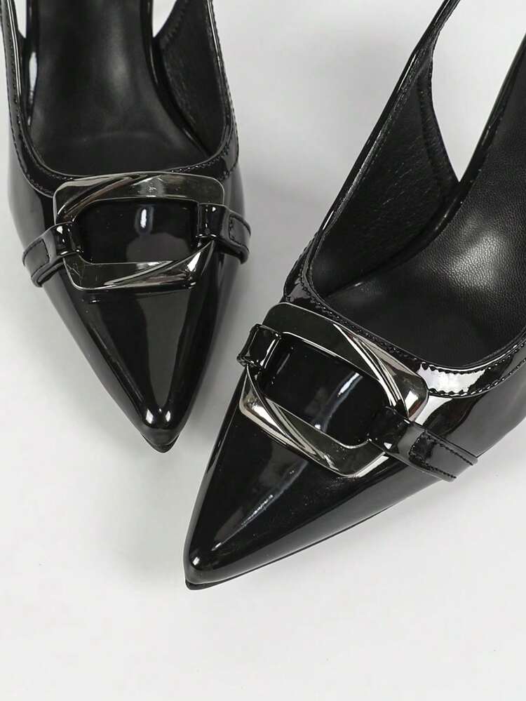 CUCCOO BIZCHIC Black Commuting Versatile Pointy Toe Slip On High Heel Pumps With Silver Square Buckle Decor New Year Holiday