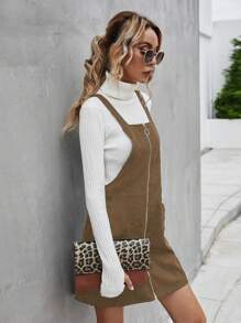 SHEIN LUNE 女士休闲短款拉链前口袋连衣裙灯芯绒女装 - 咖啡棕 - 查看 4